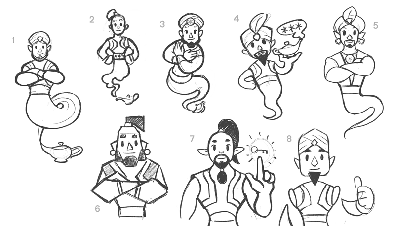 Initial concepts sketches of 8 very different genie characters