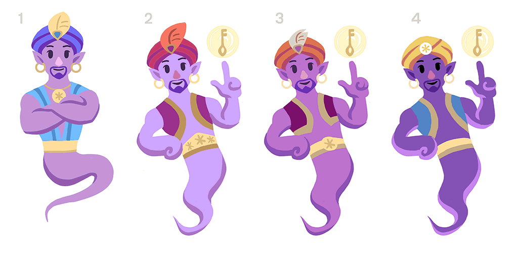 4 variations of genie with different colours and outfits